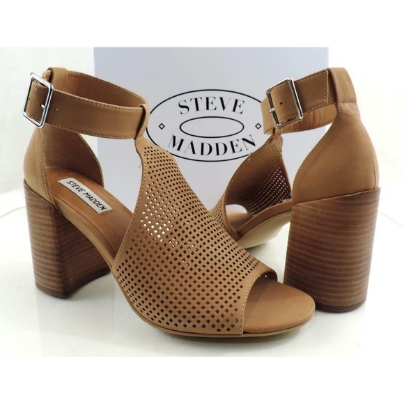 Steve Madden Shoes - Steve Madden Sawyer Block Heel Sandals Perforated Leather Tan Nubuck Size 9.5